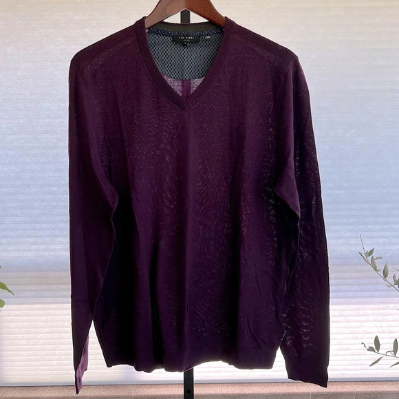 Ted Baker London Men’s V Neck Merino Wool Pullover Sweater Eggplant Purple XL - Picture 1 of 7